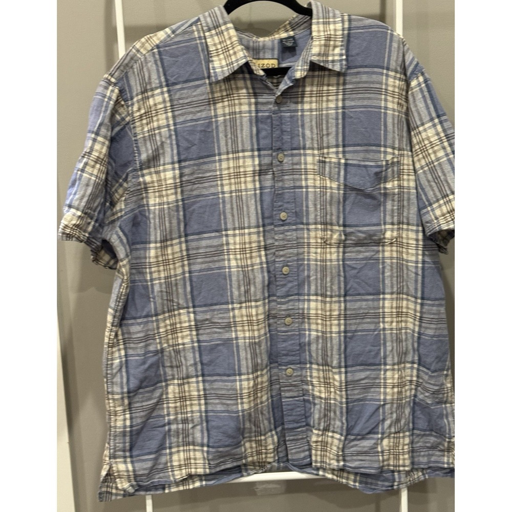 IZOD Jeans Men's XL Blue/White Plaid Short Sleeve Button-Up Shirt Linen/Cotton